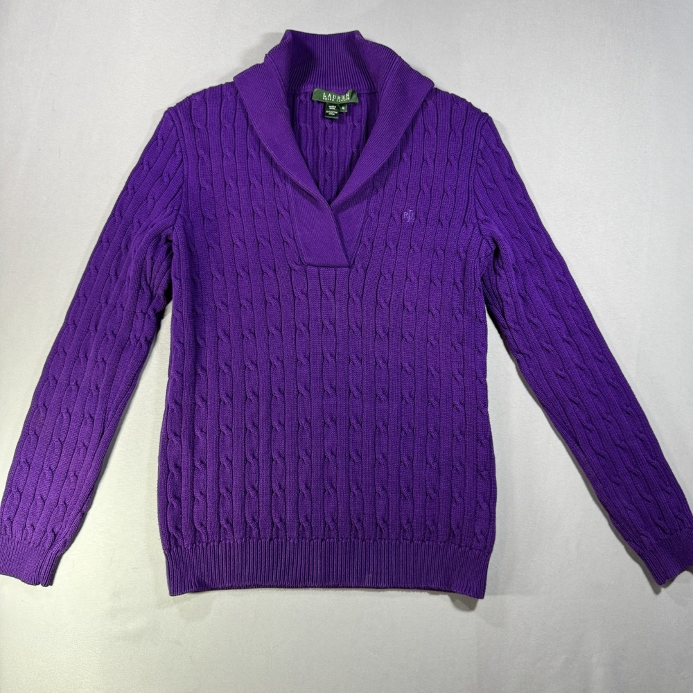 Lauren Ralph Lauren Womens Purple Cable Knit Shawl Collar Cotton Sweater Size M